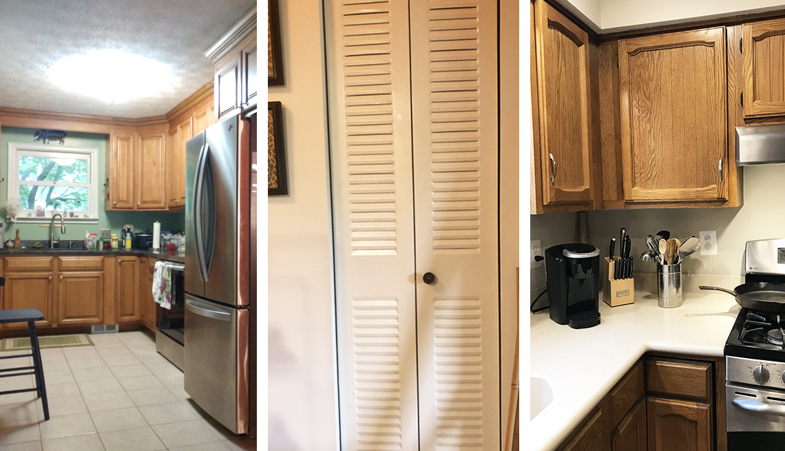 Tres fotos de la cocina con espacios reducidos, con áreas de almacenamiento estrecho y mostradores y gabinetes anticuados
