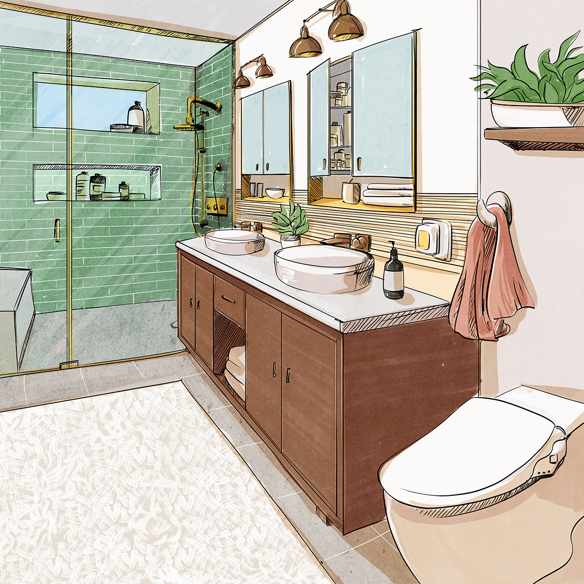 Boceto de diseño de un baño terminado