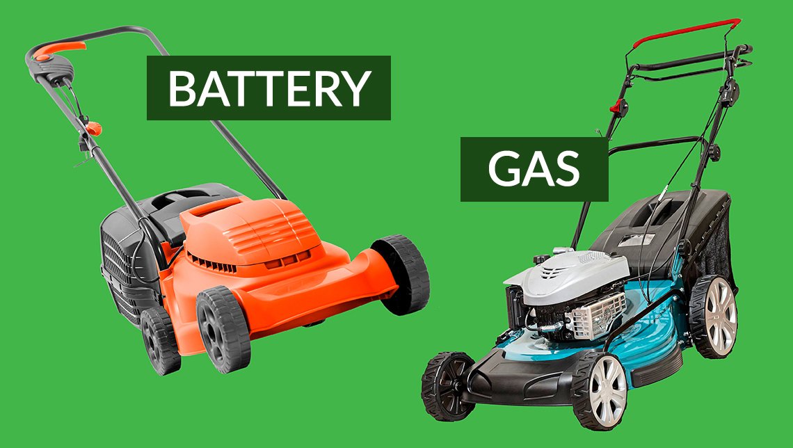 a battery powered lawn mower and a gas powered lawn mower 