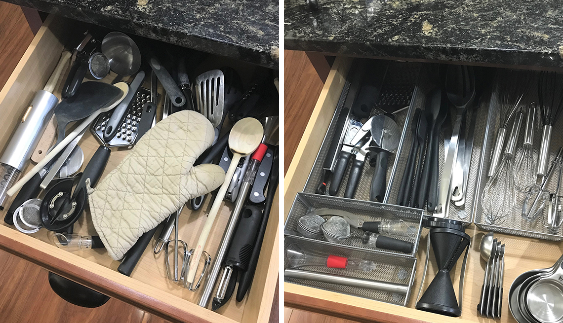 left a messy kitchen drawer right that same drawer organized with baskets