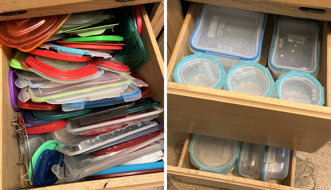 left a drawer full of container lids right a drawer full of containers with lids