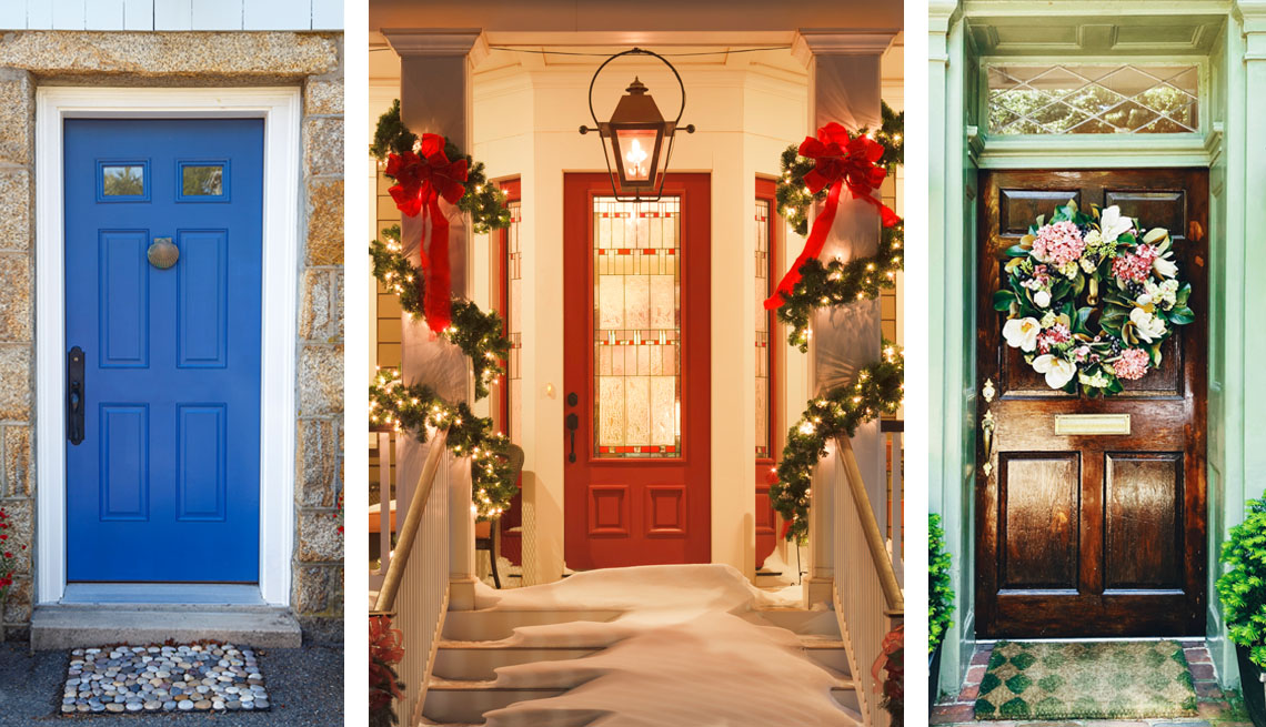 three decorated front doors left to right a blue painted door a red door with holiday decorations and a wooden door with a floral wreath