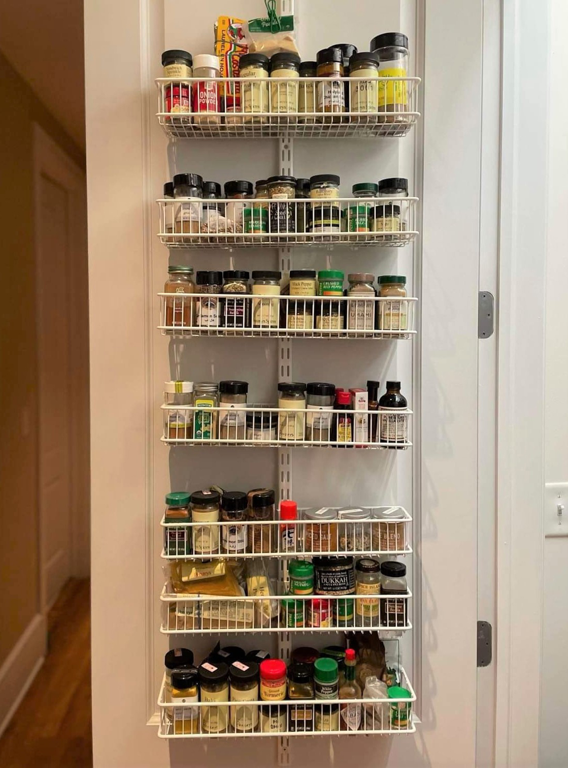 a wall mounted spice rack full of spices on the back of a pantry door