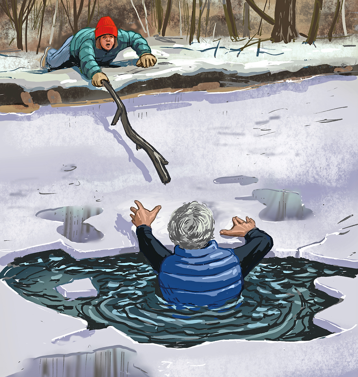 Ilustración de un hombre que ofrece un palo para que una persona lo agarre después de caer al agua con hielo