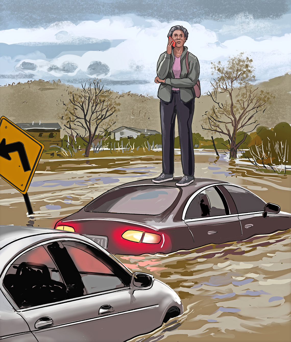 Una mujer parada en la parte superior de su auto durante una inundación repentina