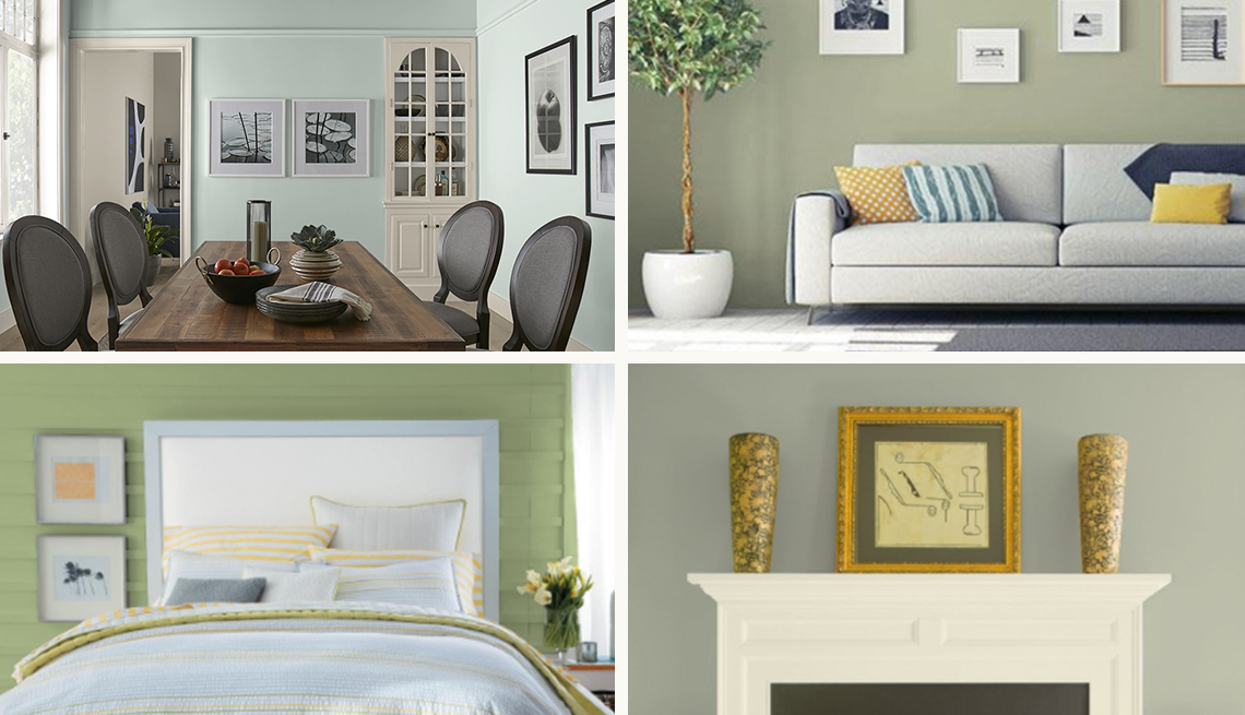 Cuatro imágenes de habitaciones en una casa pintadas de color verde