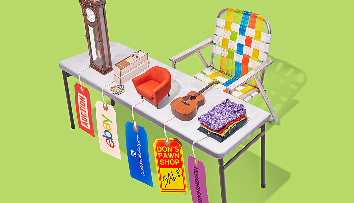 illustration of a lawn chair set up behind a folding table and the table has things for sale on it one tag says auction one says ebay one says consignment concept on where to sell your stuff
