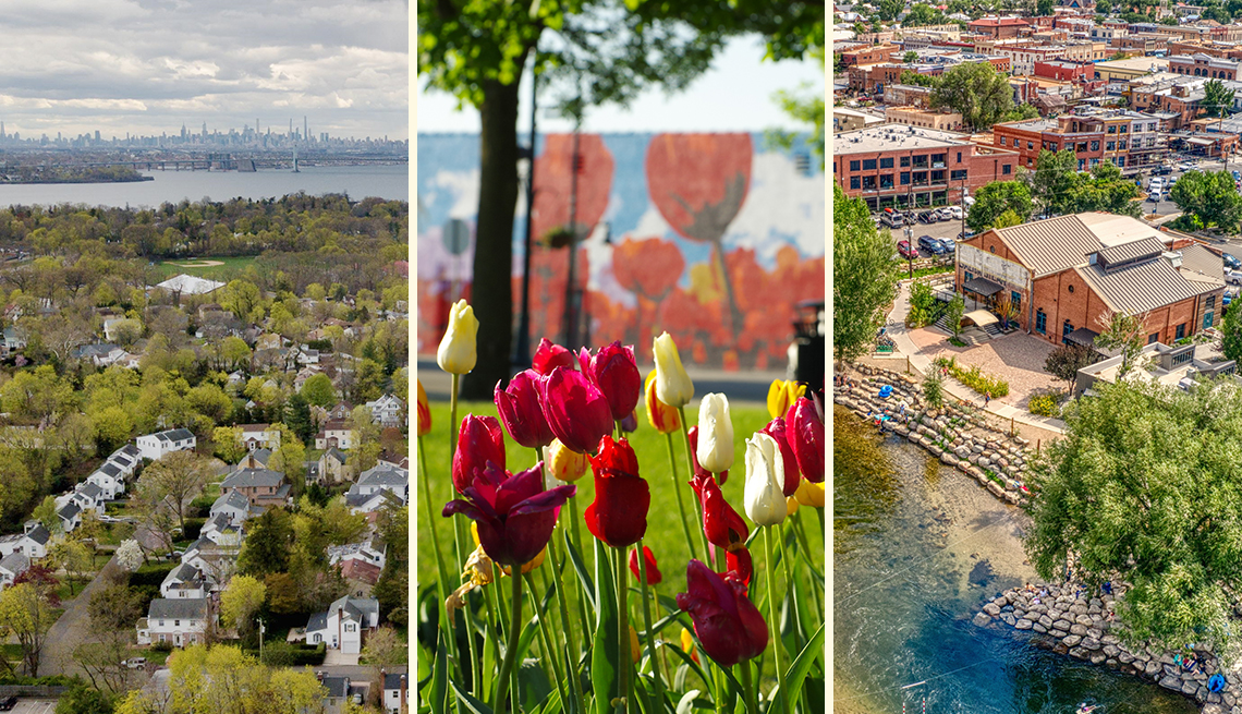 three images an aerial shot of great neck new york tulips blooming in orange city iowa and a view of the river in salida colorado