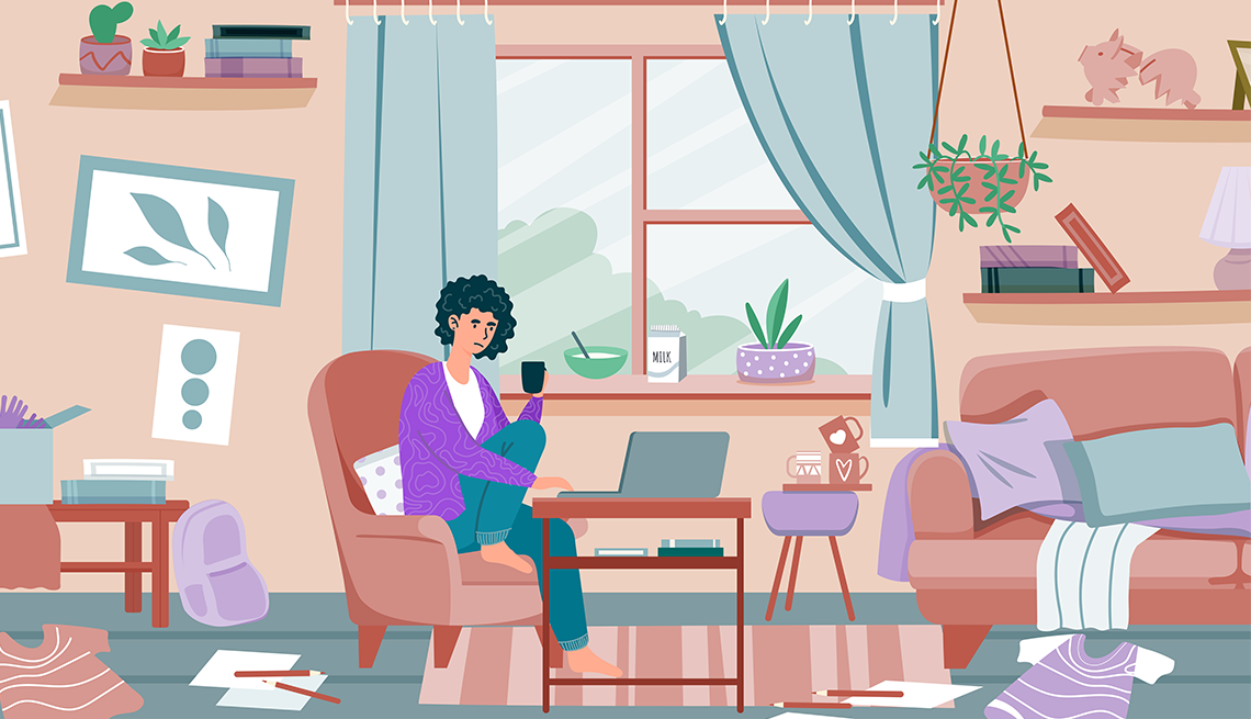ilustración de una mujer sentada en una casa desordenada