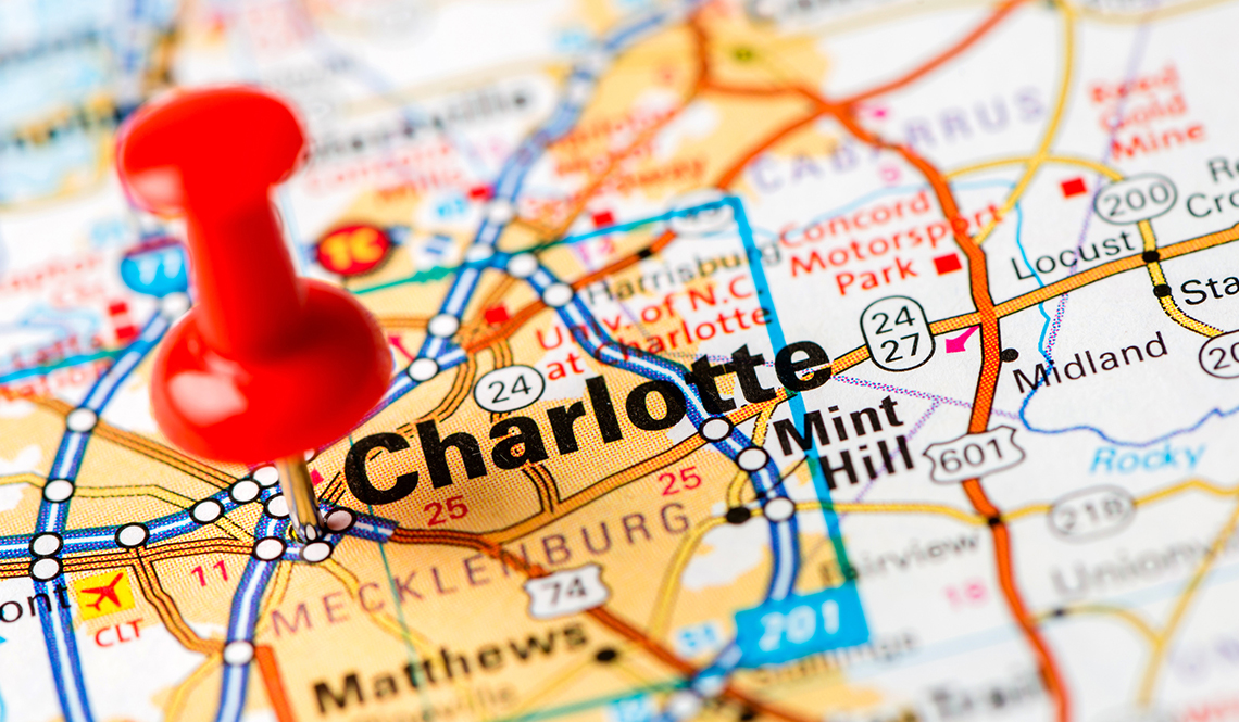 A red pin marks Charlotte, North Carolina, site of the 2018 AARP Livable Communities National Conference
