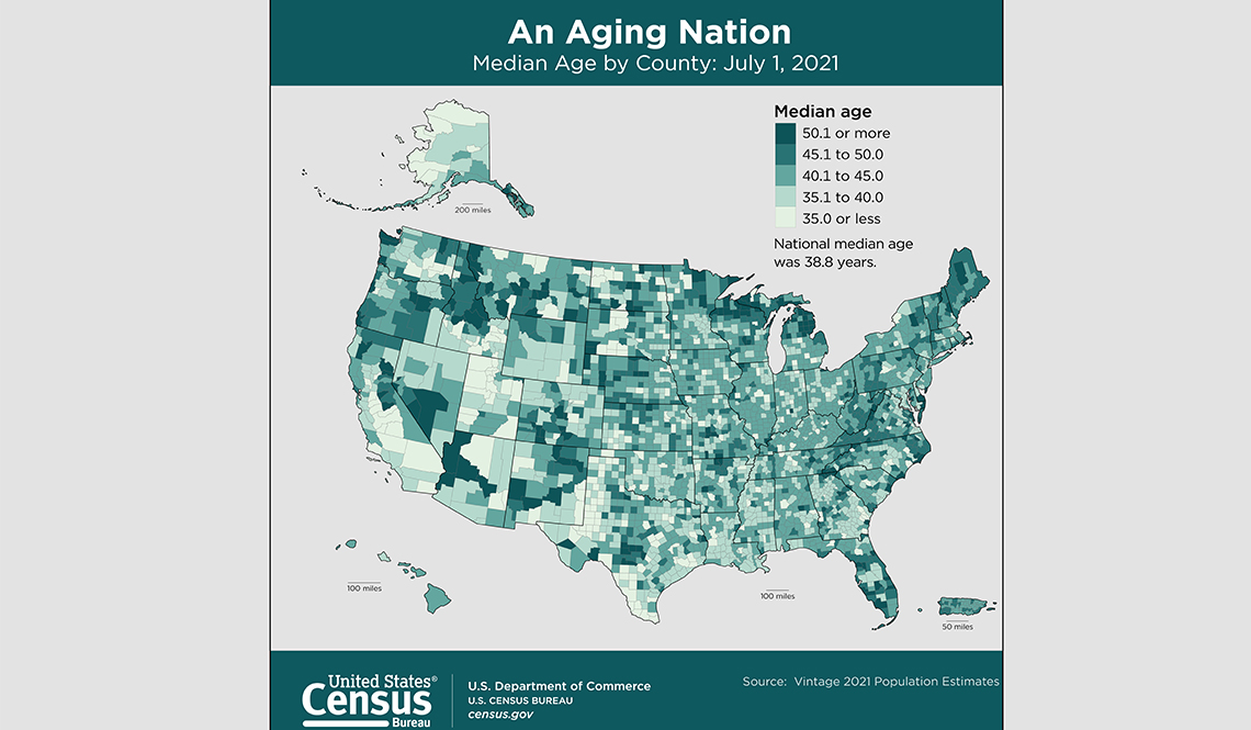 A graphic showing the median age by county in the U.S. as of July 2021