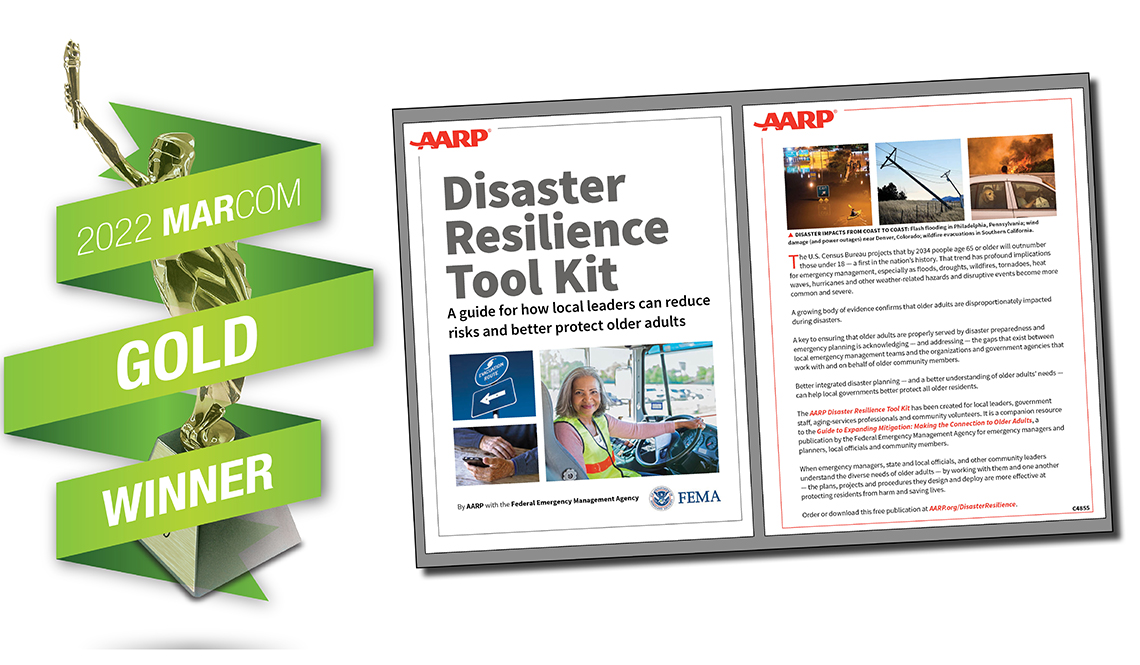 Marcom winner logo and the AARP Disaster Resilience Tool Kit