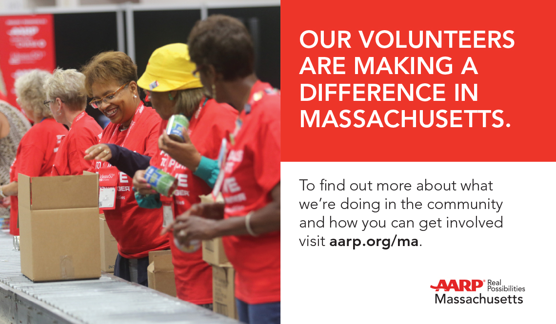 An advertisement about the work of AARP Massachusetts volunteers