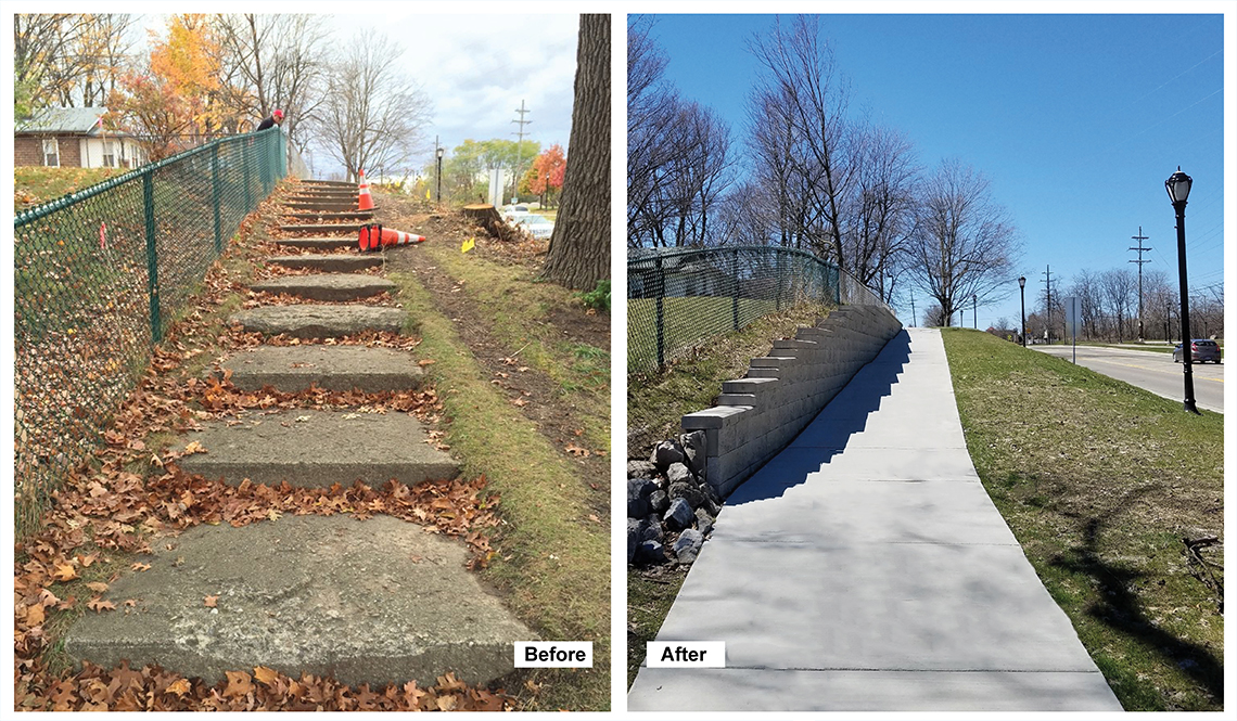 Before and after images of a rebuilt path