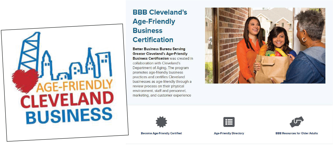 A logo and website page for Age-Friendly Cleveland Business