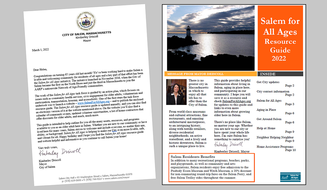 A birthday letter from Mayor Kimberley Driscoll and the cover of the Salem for All Ages Resource Guide