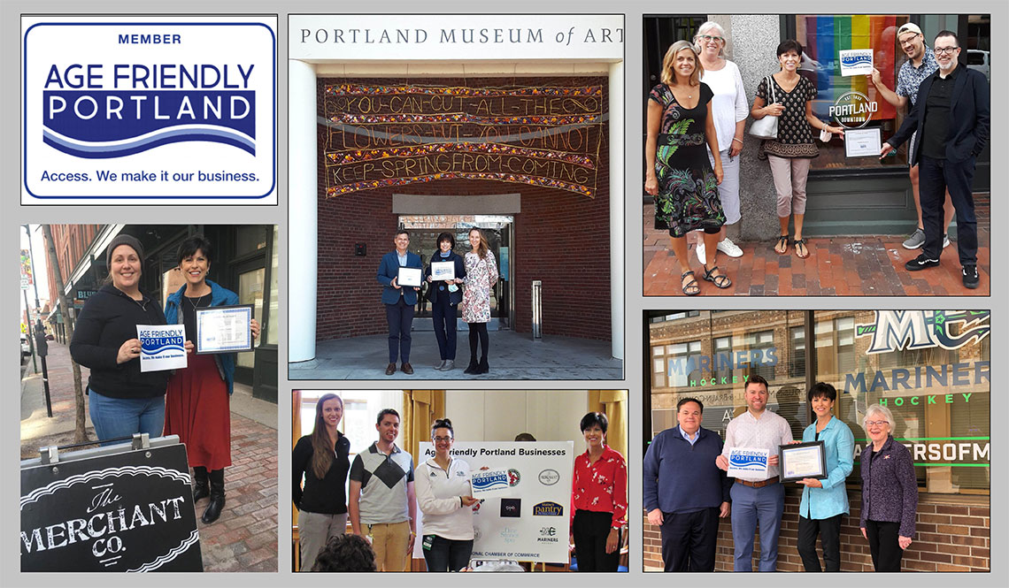 Five photos with Age Friendly businesses in Portland, Maine