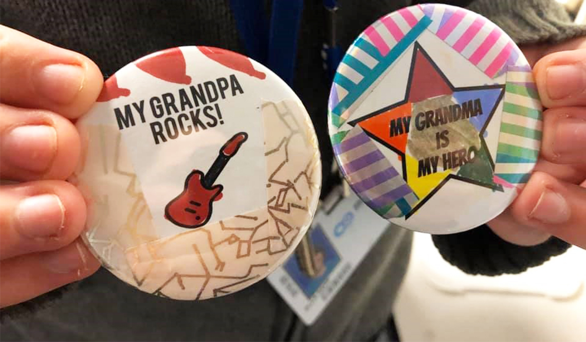 Two buttons, one reads My Grandpa Rocks! The other says My Grandma is My Hero