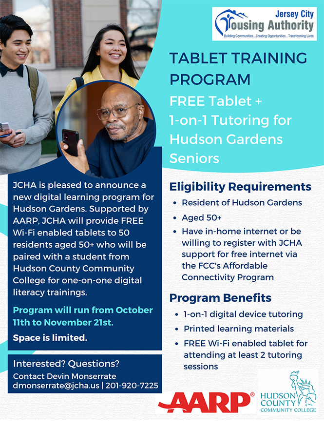 A flyer about the Jersey City Housing Authority Tablet Training Program