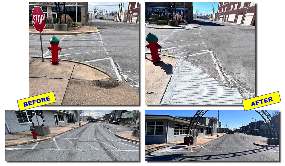 Two before and two after images of a curb cut ramp in downtown Blythesville 