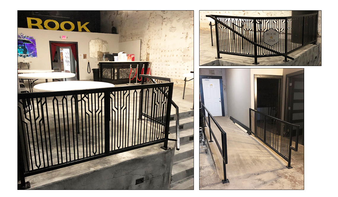 Three views of the new railings and ramp at The Rook Theater