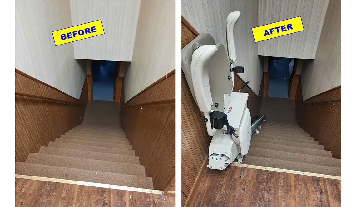 Before and after images of a steep staircase without and with a chairlift