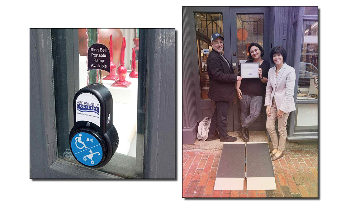 An example of the Age-Friendly Portland accessibility doorbell and three people posing with a portable ramp