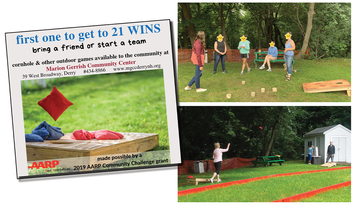 A collage of three photos showing a promotion for outdoor games and pictures of people playing cornhole and farkle