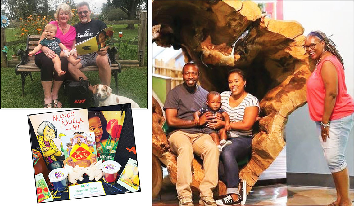 Three photos showing grandparents and grandkids and contents of a Grandparents Day gift bag