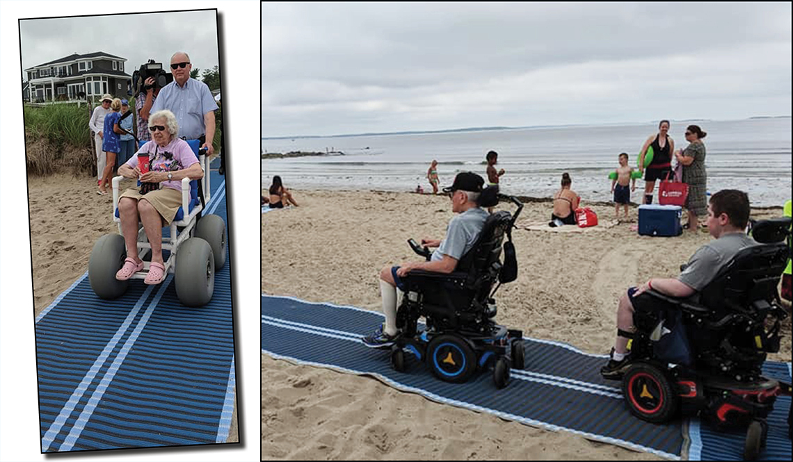 Three wheelchair users visit the beach by driving on access mats