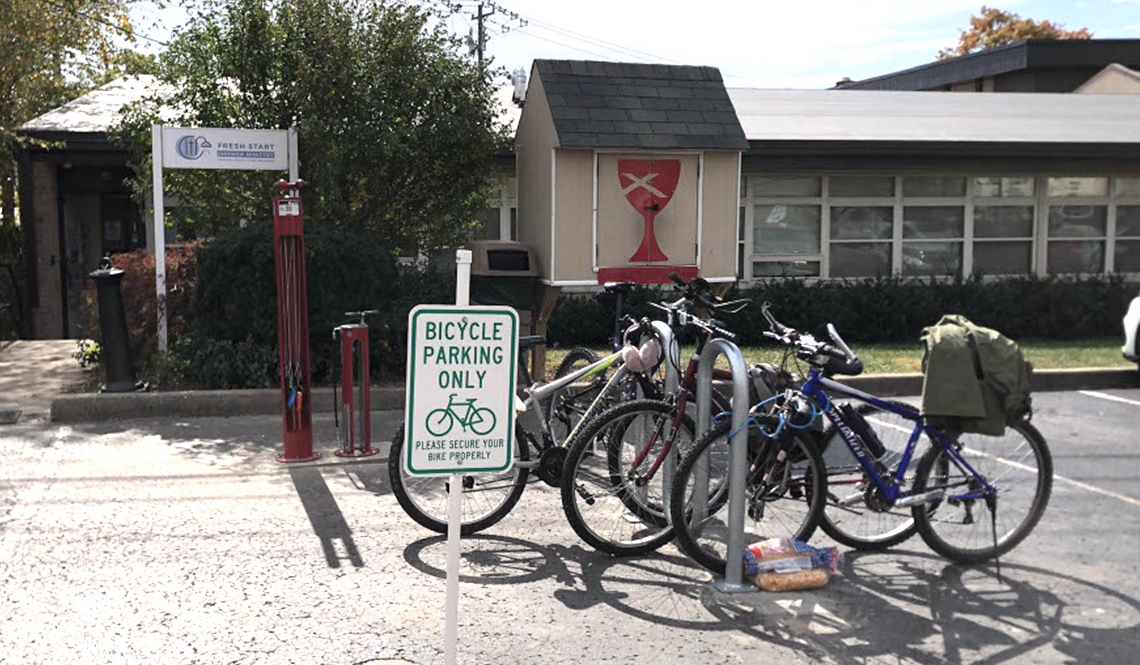 Bike parking and a bike fix-it station in Florence, South Carolina