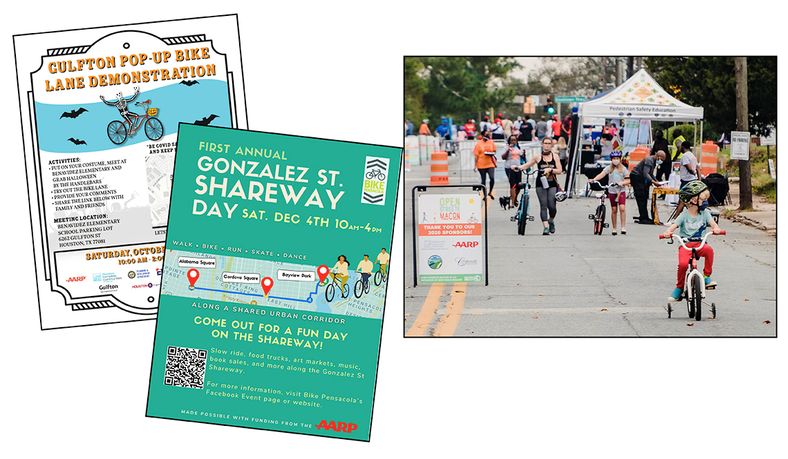 A photo and flyers of three open streets bicycling events