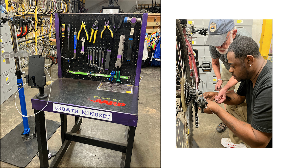 Images of a bike repair work bench and two men working on a bike repair