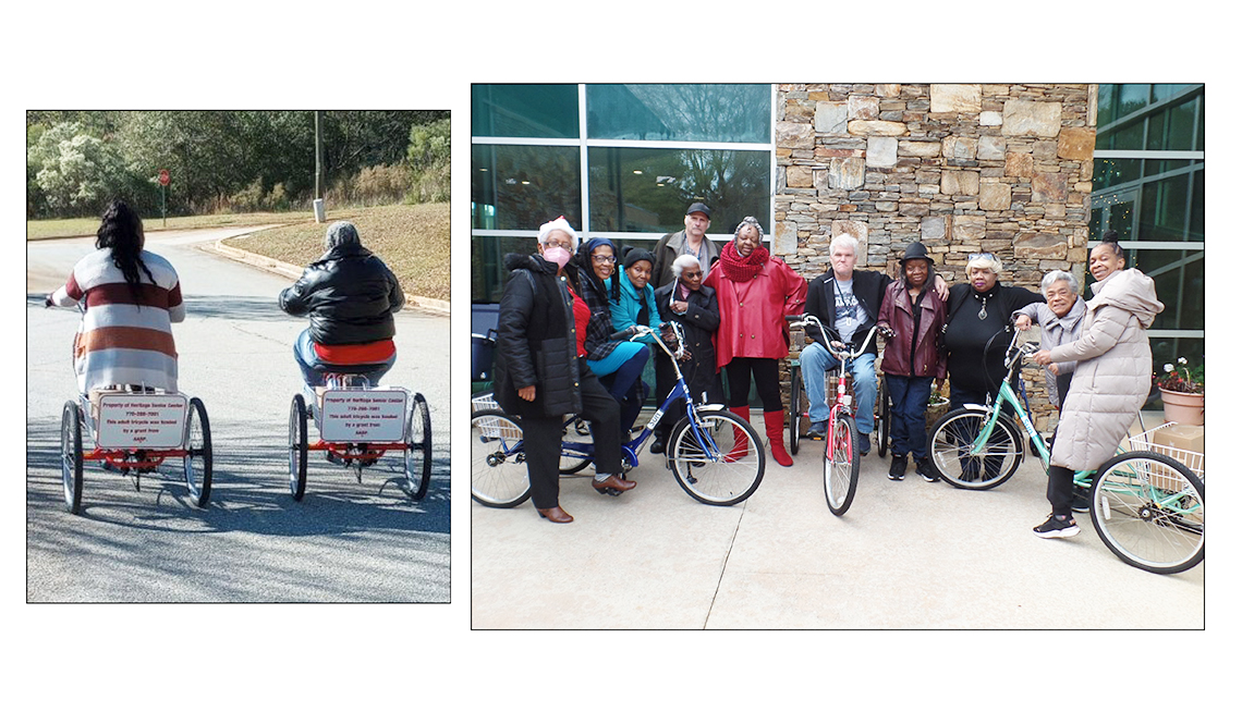 Older adults ride and pose with tricycles funded by an AARP grant