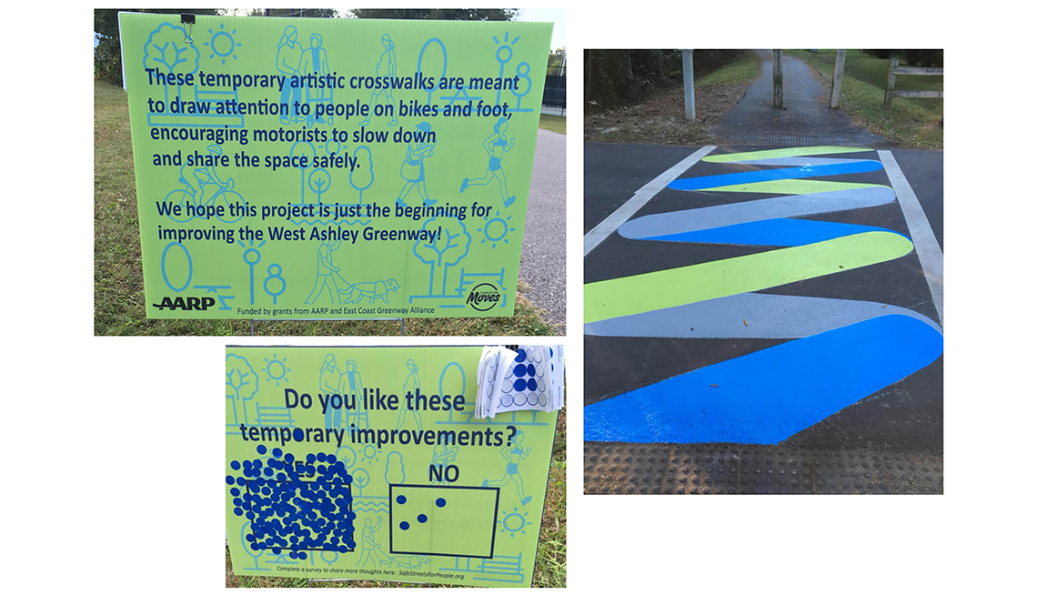 Signage explaining the reason for installing a temporary, painted artistic crosswalk