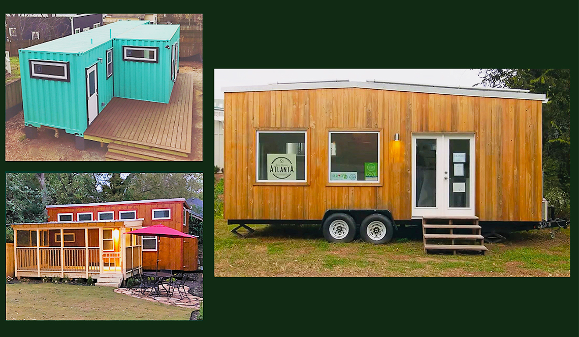 Two cargo box houses and a tiny house on wheels