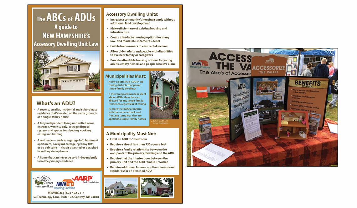 A flyer and information table about ADUs in New Hampshire