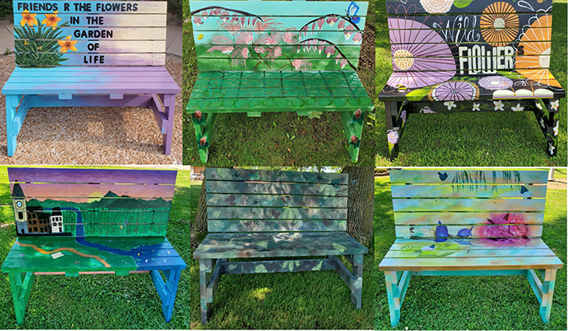 Six artistically-painted benches in Berlin, Wyoming, created with funds from the AARP Community Challenge