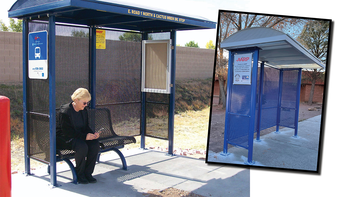 Two bus shelters funded by the AARP Community Challenge