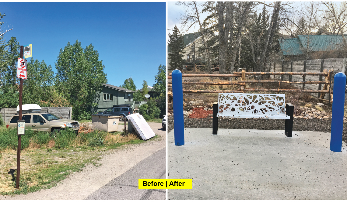 Before and after images of a bus stop in Jackson Hole, Wyoming