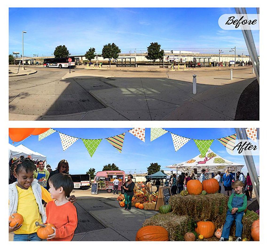 Before and after images show the proposed transformation of a parking lot into a fun gathering space