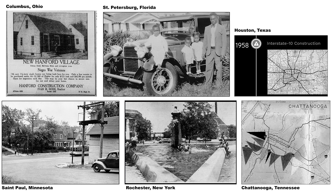 Archival images representing the 6 cities featured in the Before the Highways package