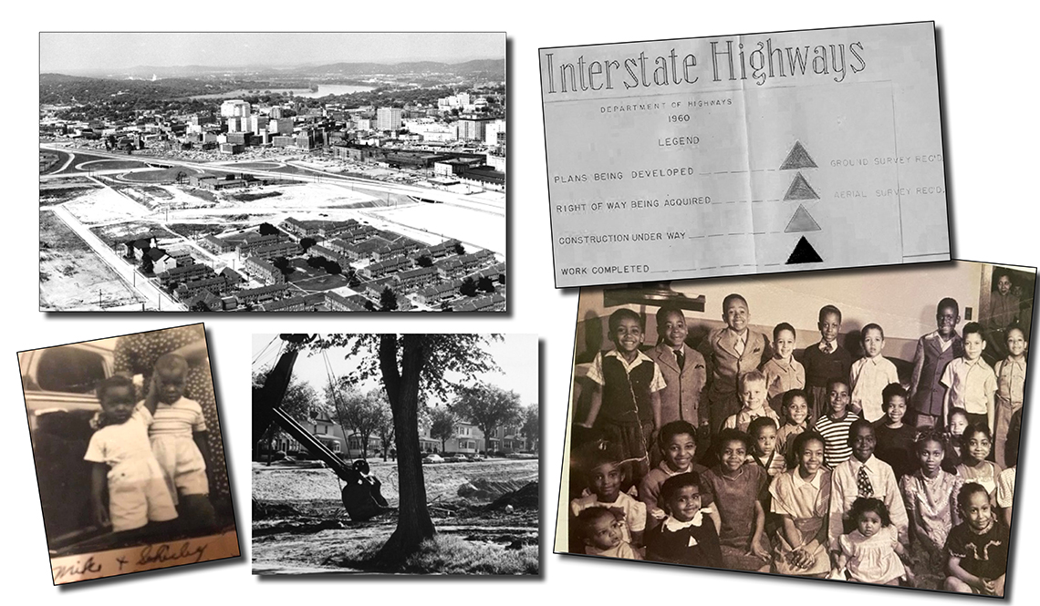 Five archival images of highway construction and children who lived in the impacted communities