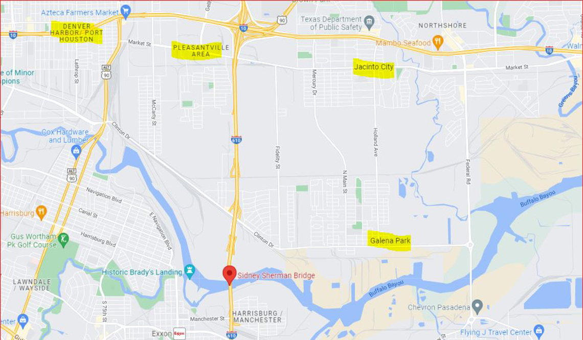 A Google map image of the Ship Channel communities in Houston