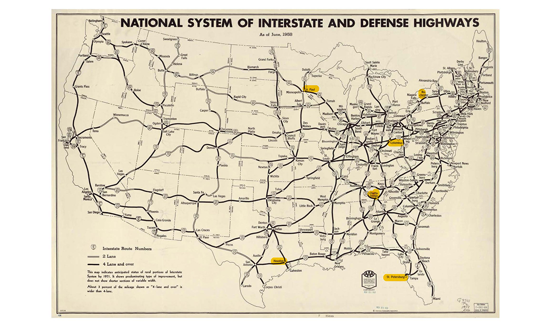 The names of 6 cities are highlighted on a historical map of the National System of Interstate and Defense Highways