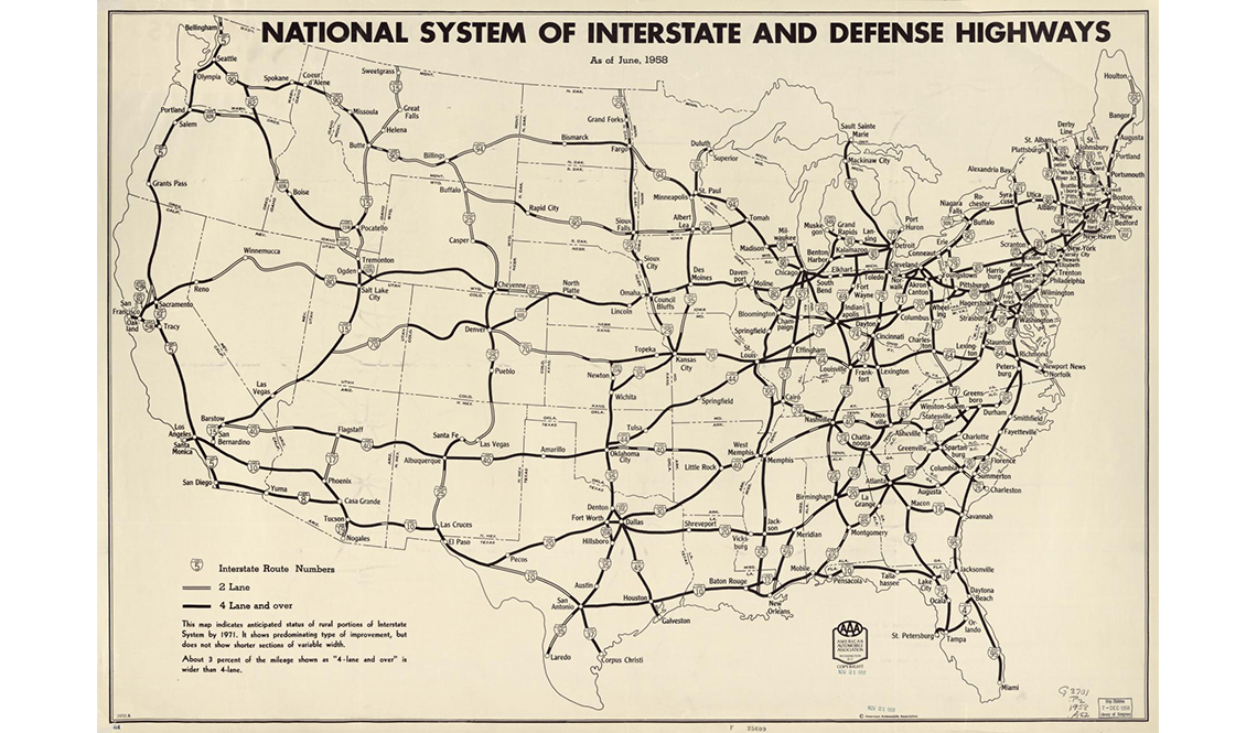 A historical map of the National System of Interstate and Defense Highways