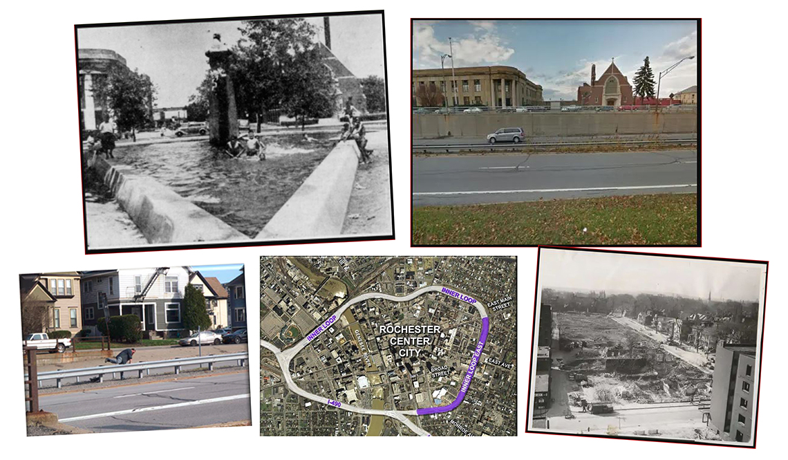 5 images showing scenes of Rochester, New York, before and after the highway construction