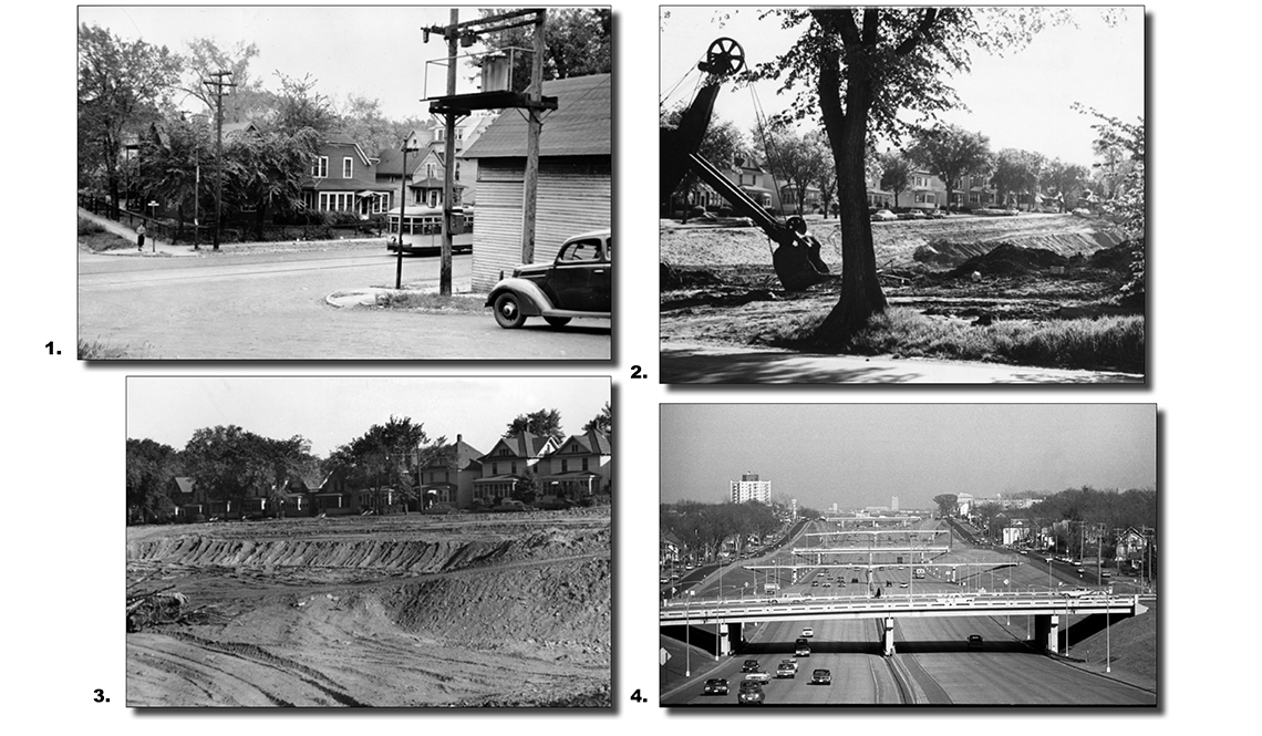 4 historical images showing the Rondo neighborhood before, during and after the highway construction