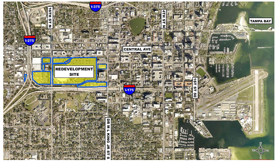 A birds-eye view map of proposed redevelopment work in St. Petersburg, Florida