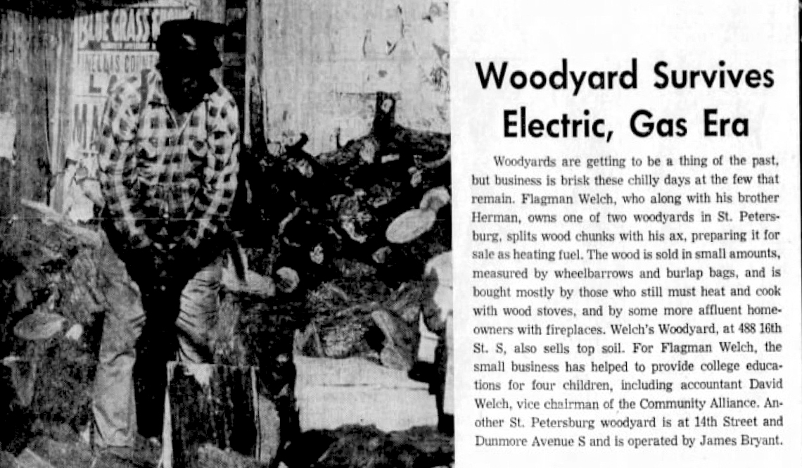 A 1960s newspaper clipping about the St. Petersburg, Florida, woodyard owned by brothers Flagman and Herman Welch